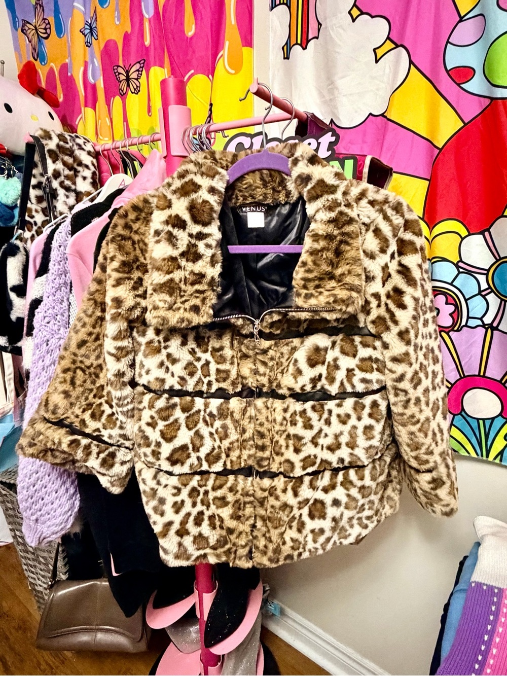 VENUS Leopard Print Faux Fur Jacket - Brown/Black